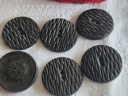 Lot 6 boutons anciens en verre noir strié trous 2,3 cm ref 1573