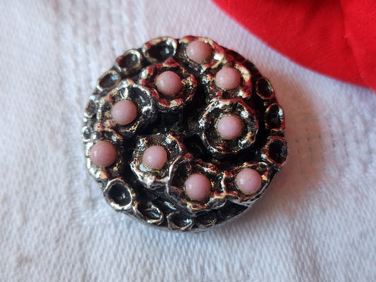 Gros bouton en résine argenté perle  rose  vintage pied 2,5 cm D11B