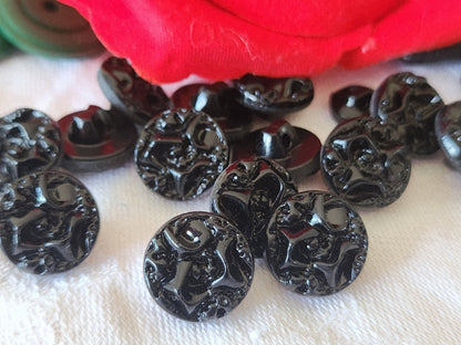 Lot 6 boutons anciens en verre noir travaillé vintage pied 1,3 cm ref 3852