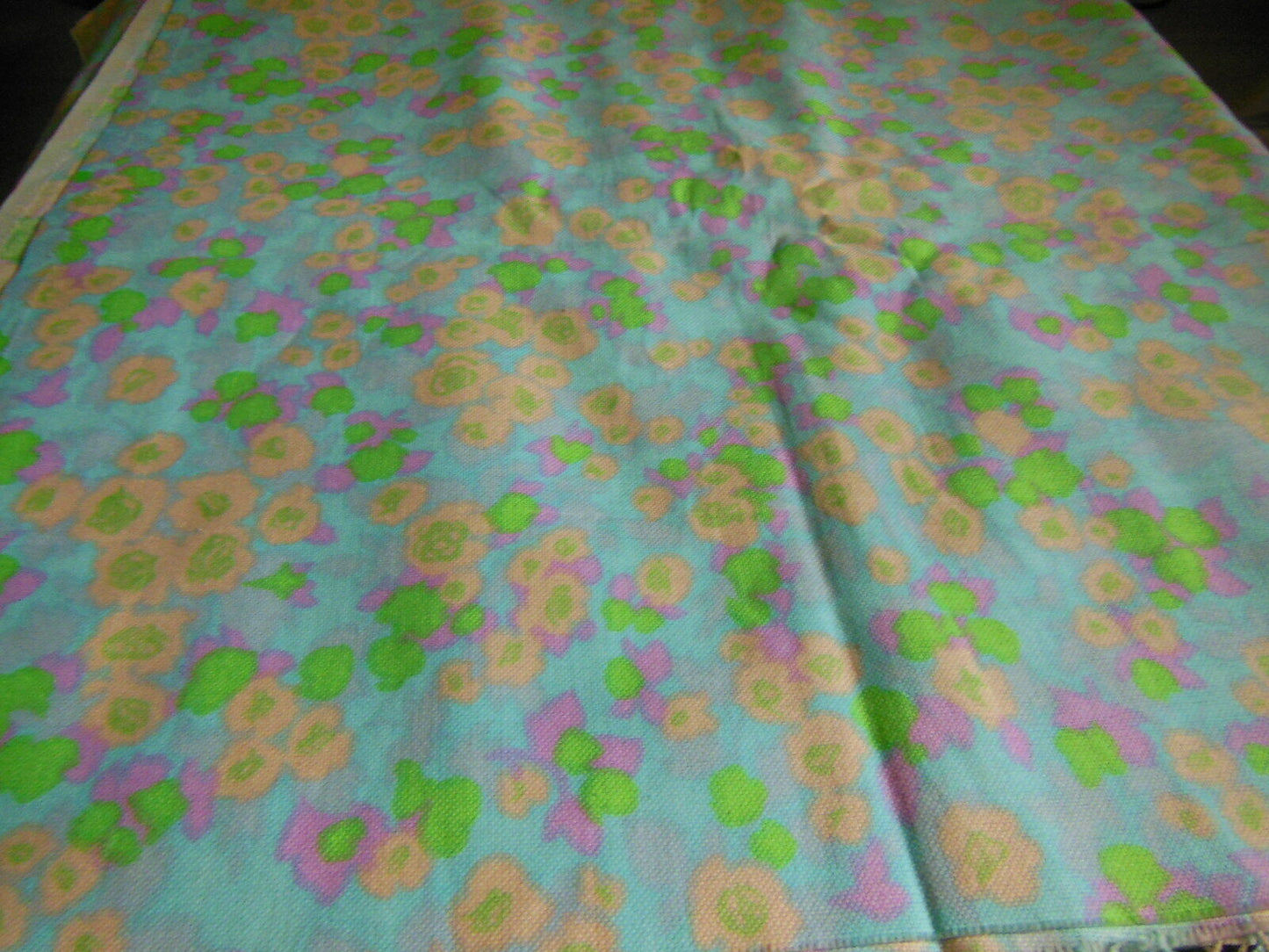 Ancien coupon tissu vintage bleu vert saumon fleur 1 m 90 sur 1 mètre B6