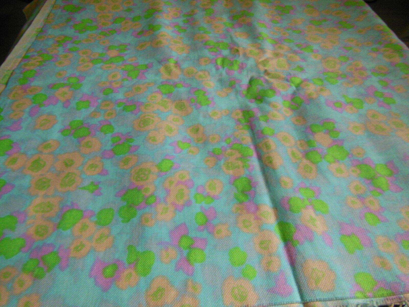 Ancien coupon tissu vintage bleu vert saumon fleur 1 m 90 sur 1 mètre B6