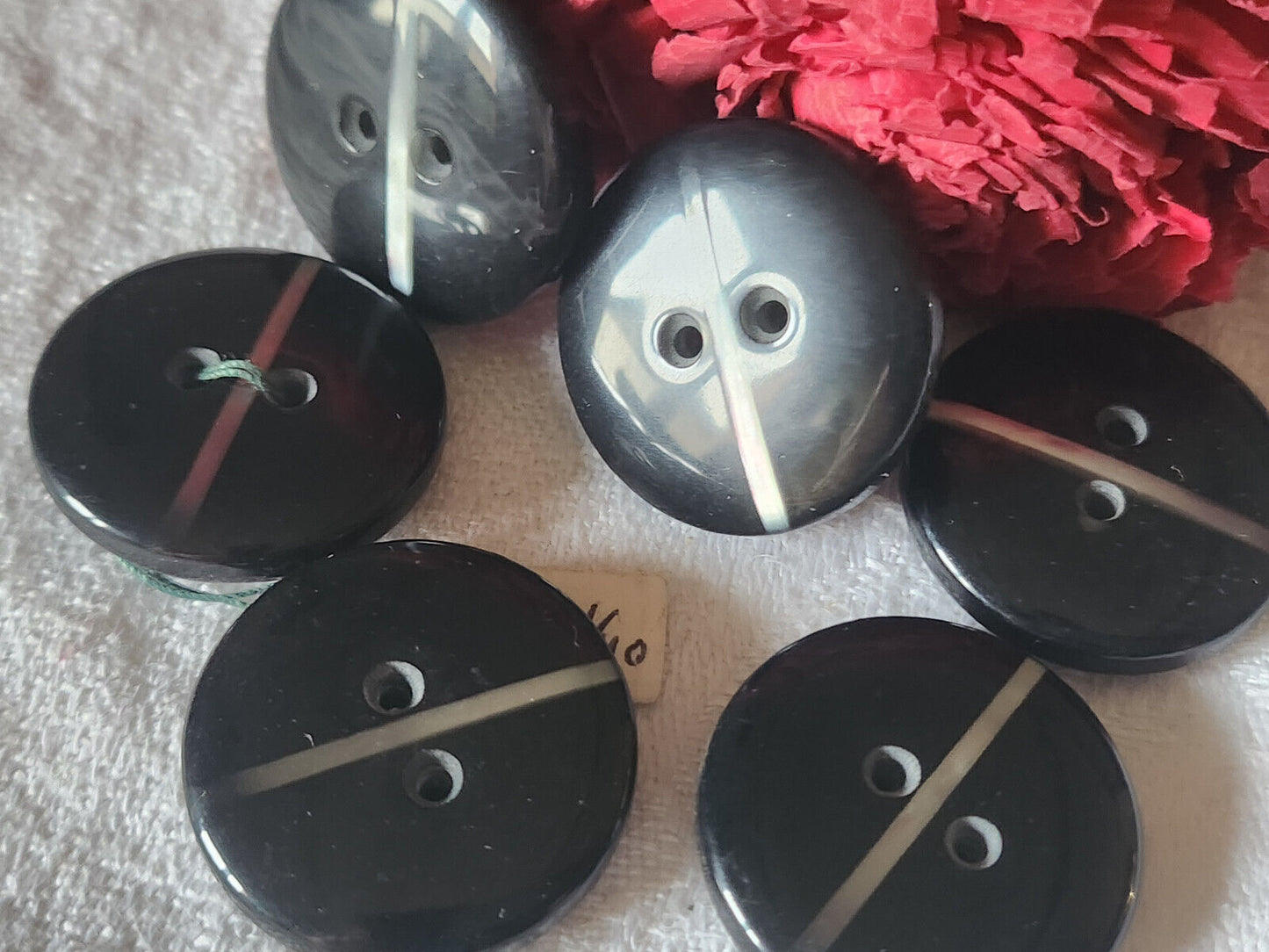 Lot 6 jolis boutons vintage noir liseré argenté épais trous 2,5 cm gros ref 4778