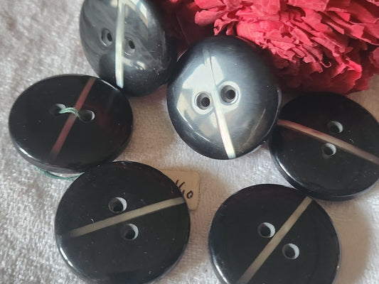 Lot 6 jolis boutons vintage noir liseré argenté épais trous 2,5 cm gros ref 4778