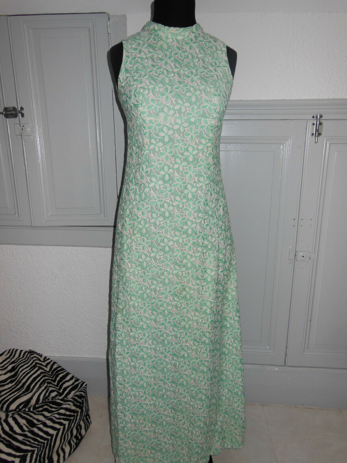 Pur vintage robe longue année 60 style mousseline motif vert T36 tef port