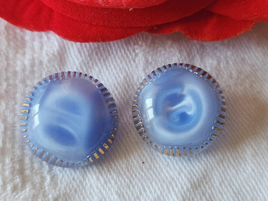 Duo boutons anciens en verre bleu doré laiteux collection  1,7 cm D4L