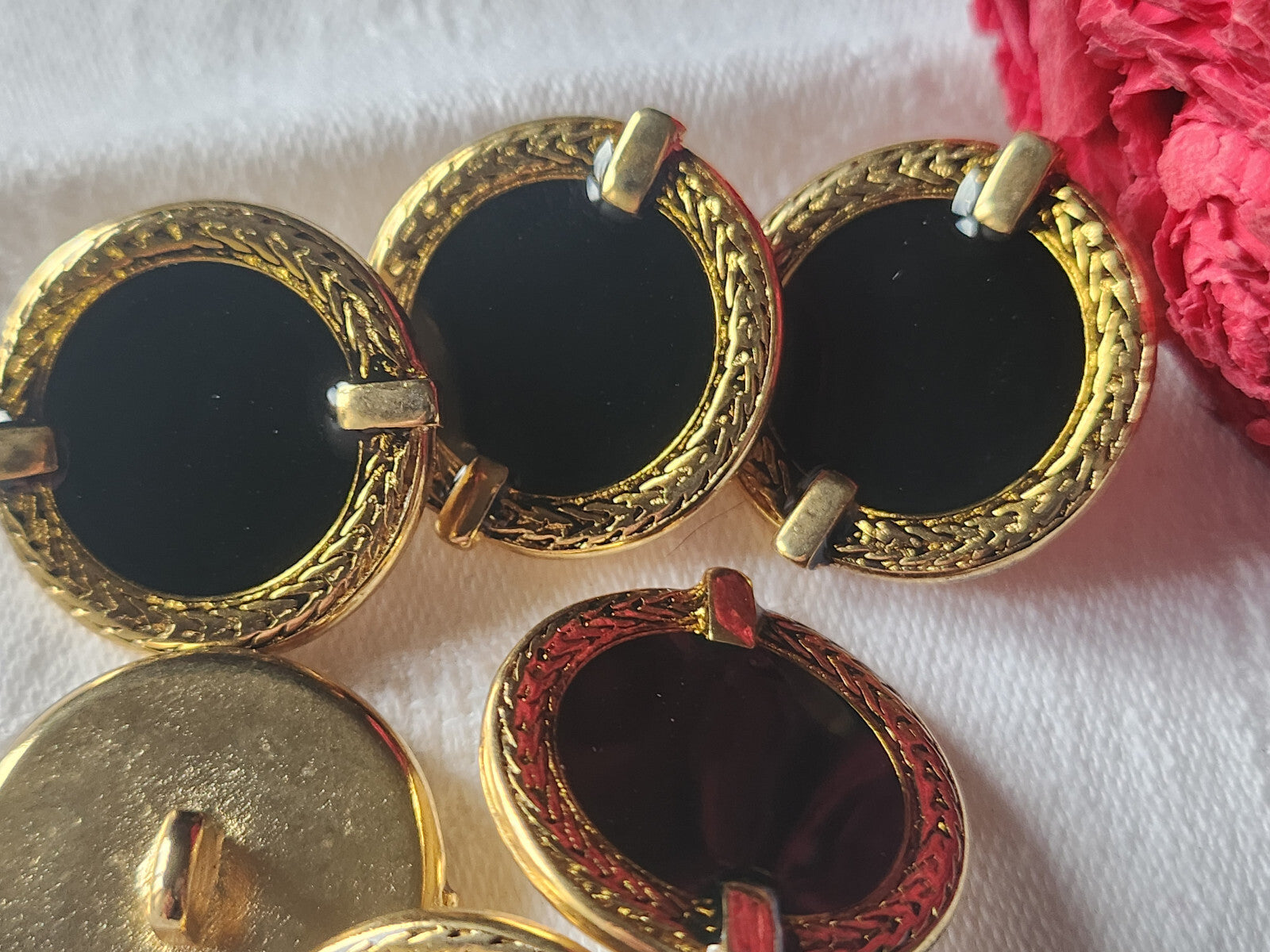 Lot 6 gros boutons vintage en metal émaillé noir 2,7 cm lourd ref 4776