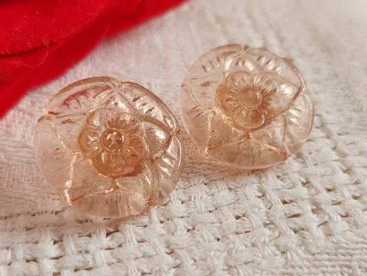 Duo boutons anciens en verre rose fleur en relief 1,8 cm ou 18 mm G18B
