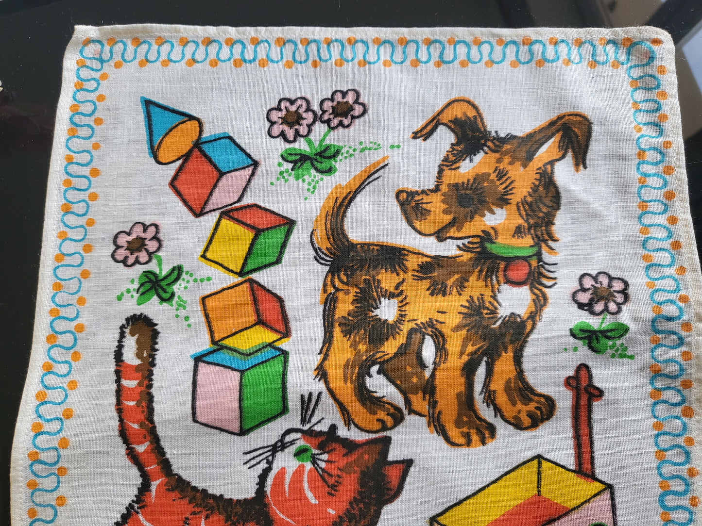 Mouchoir ancien neuf vintage enfant année 60/70 chaton chien coton B4-1