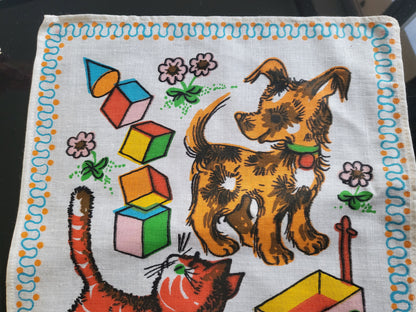 Mouchoir ancien neuf vintage enfant année 60/70 chaton chien coton B4-1