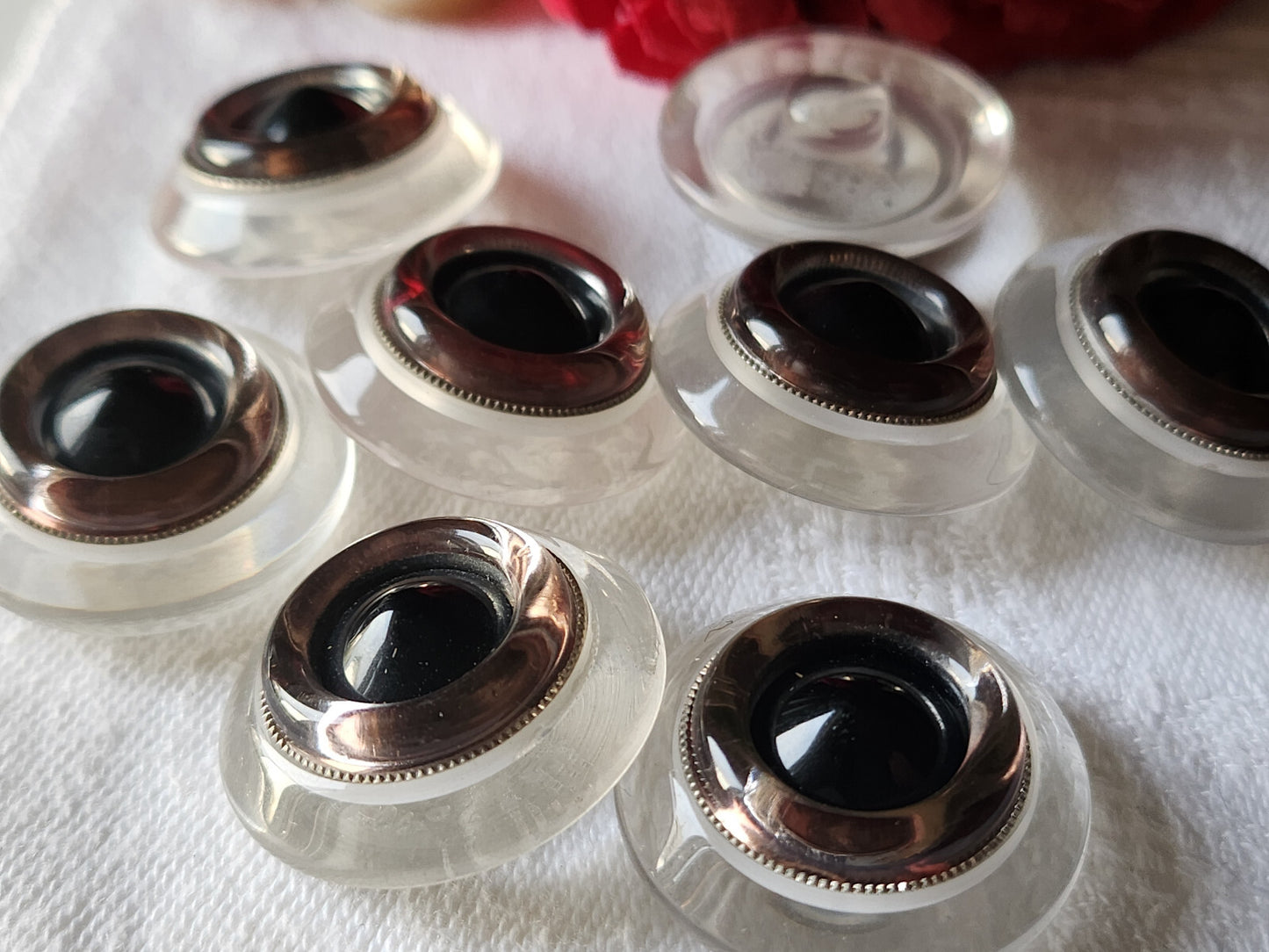 Lot 5 gros  boutons vintage transparent noir argenté pied 2,5 cm ref 1164