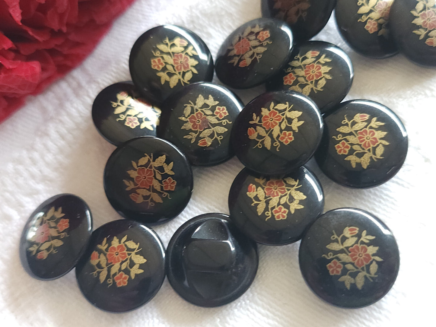 Lot 12 mignons boutons vintage noir bouquet de fleur pied 1,5 cm ref 0023