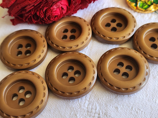 Lot 7 gros boutons vintage marron  bord effet couture 2,9 cm ref 1293
