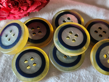 Lot 7 épais boutons vintage bleu transparent gris trous  2,2 cm ref 356