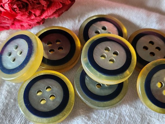 Lot 7 épais boutons vintage bleu transparent gris trous  2,2 cm ref 356