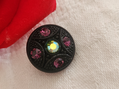 Bouton vintage en verre noir avec strass verre violet 18 mm ou   1,8 cm G19A