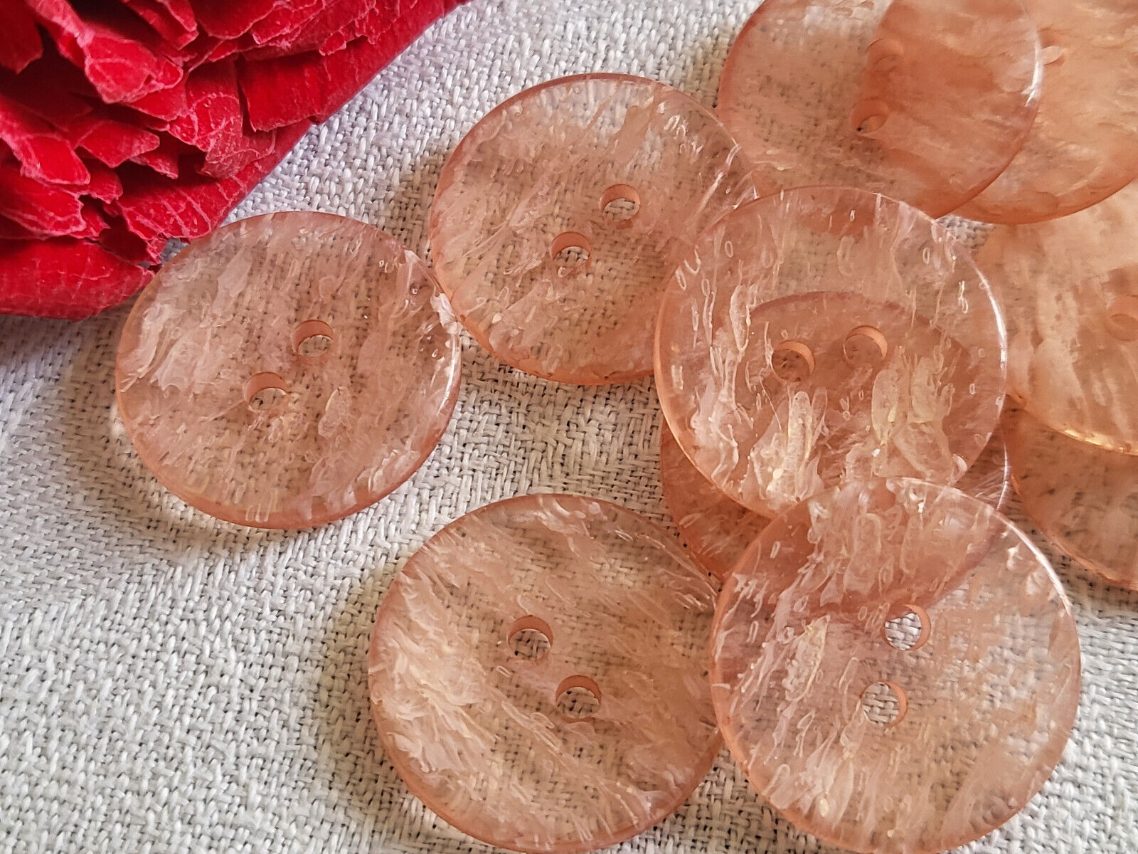 Lot 10 ou 14 boutons vintage rose transparent veiné  2 cm ou 2,2 cm à trous