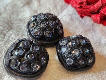 Trio boutons vintage strass resine parurier 2 cm bleu pied G15G