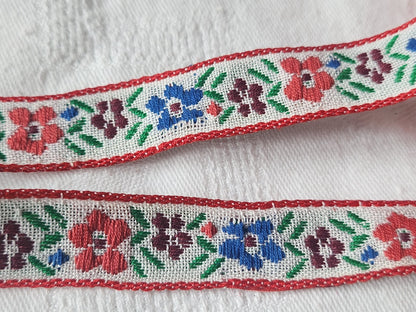 Galon vintage tissé fleur bleu rouge 3 métres sur 1,4 cm A2