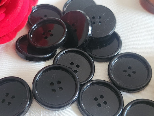 Lot 9 gros boutons vintage noir lumineux trous rebord 2,7 cm ref 6217