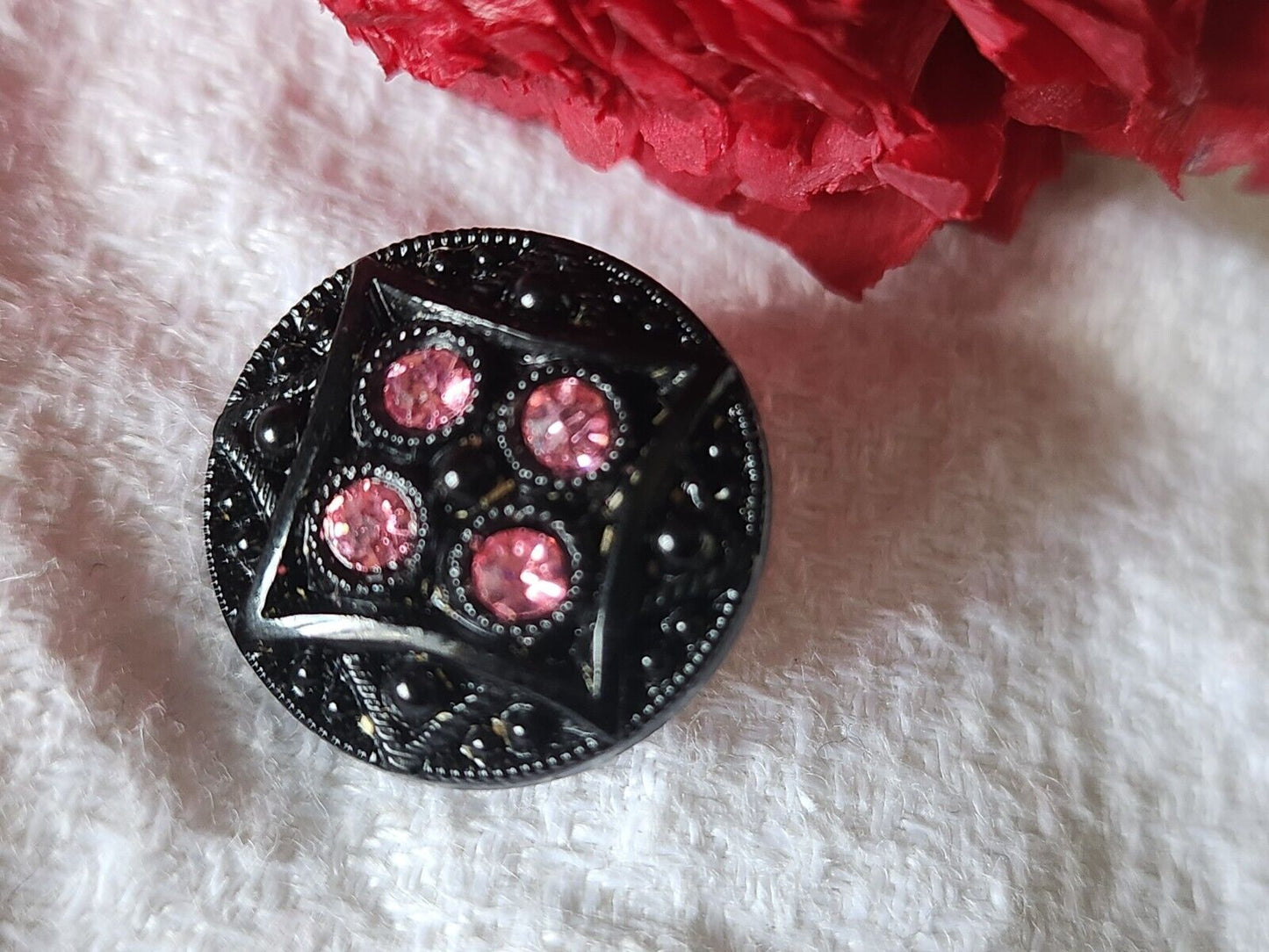 Bouton ancien en verre noir avec strass  vintage rose  1,7 cm G5G