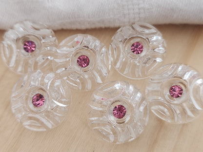 Lot 6 boutons vintage en verre transparent strass rose ou  1,7 cm ref 6356
