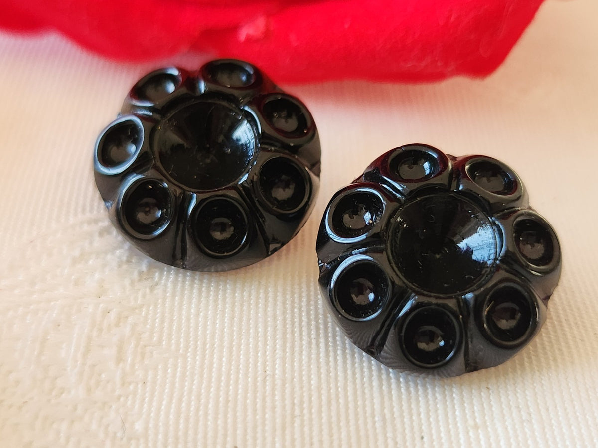Duo boutons anciens en verre noir à strasser lumineux 1,7 cm D8A