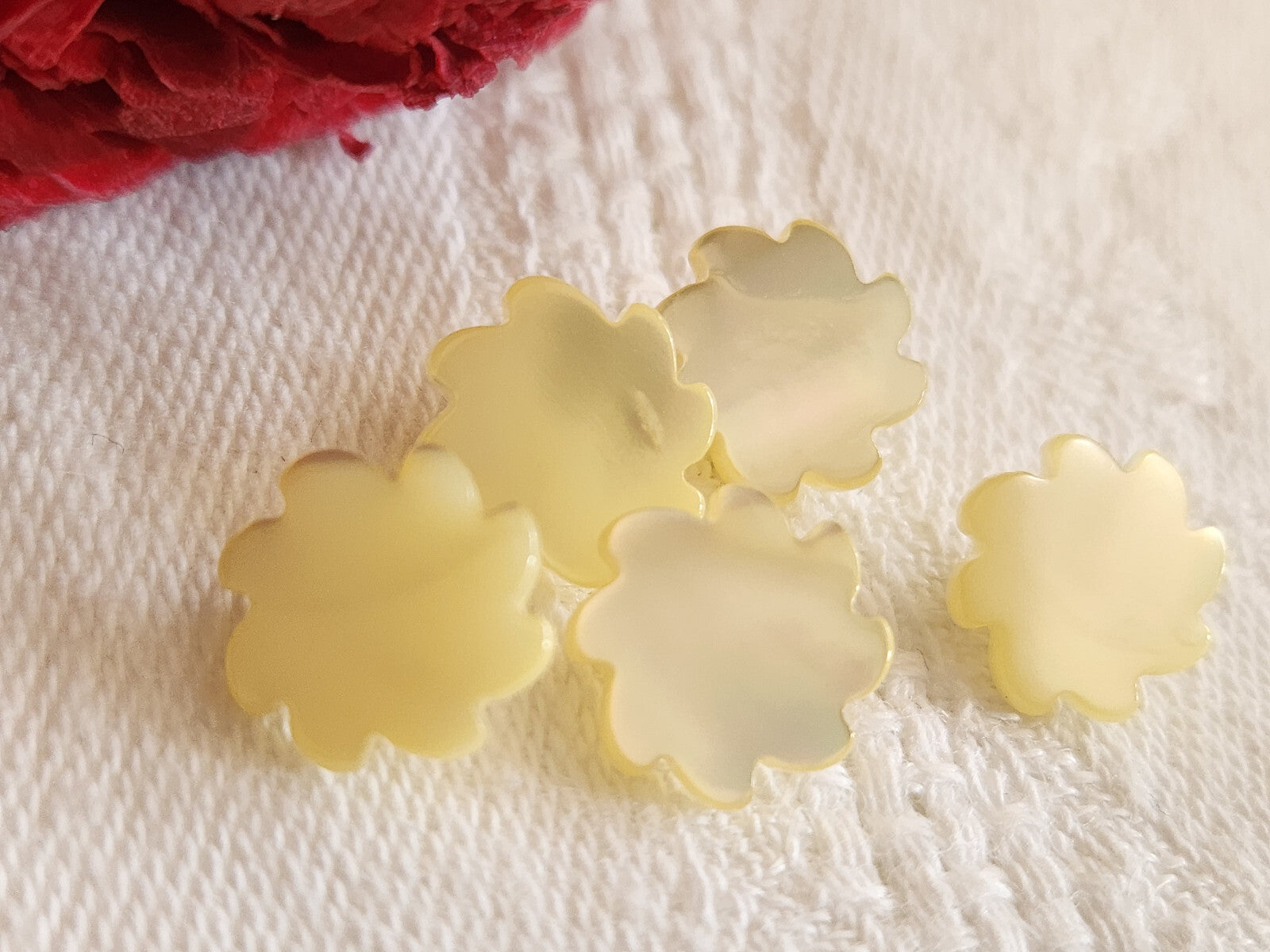 Lot 5 boutons anciens en nacre travaillé jaune 1/1,1 cm pied ref 234