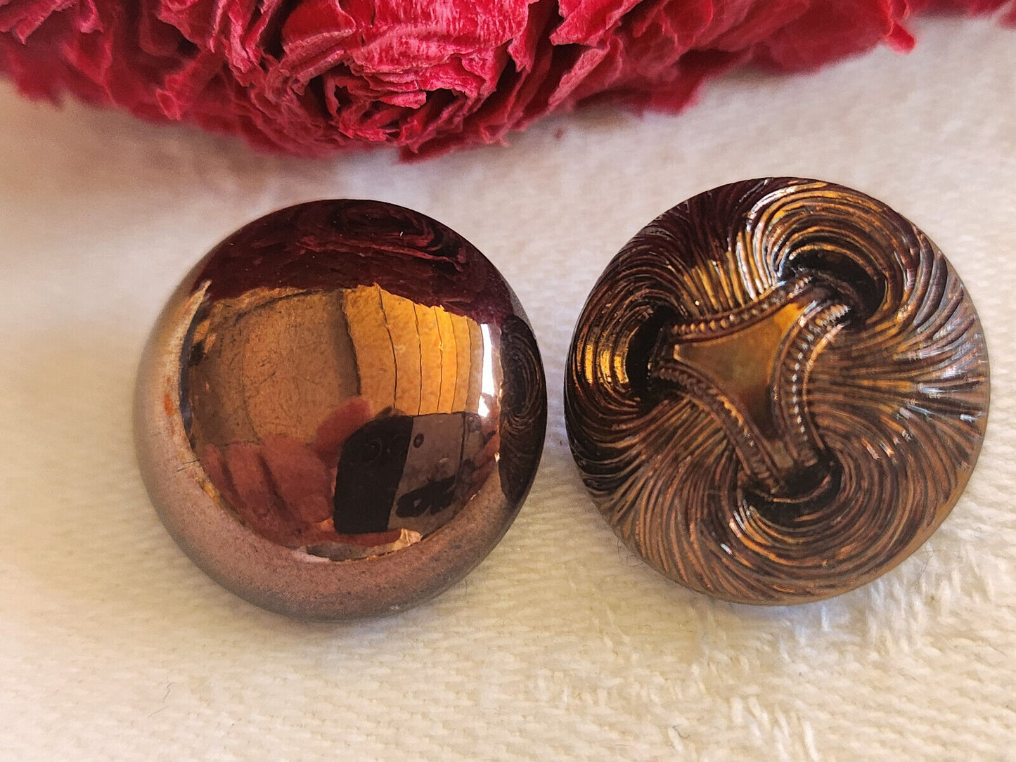 Duo boutons anciens en verre  marron lumineux pied  1,7 cm vintage G2K