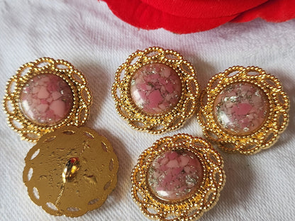 Lot 5  boutons vintage en métal doré coeur rose  2,3 cm ref 2012