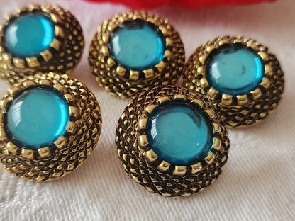 Lot 5 boutons vintage  métal coeur bleu  doré 2,2 cm pied  22 mm ref 6418