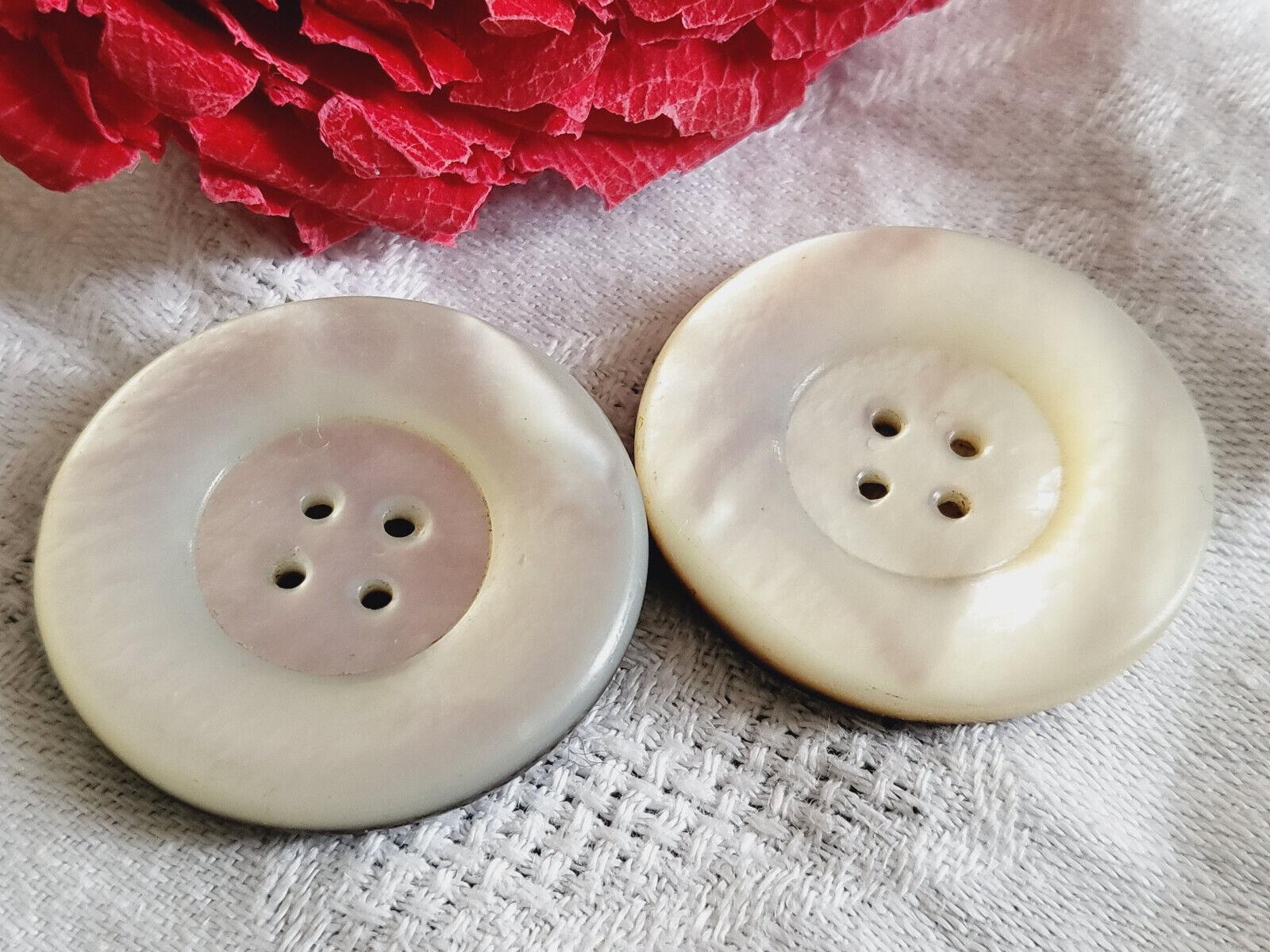 Duo gros boutons anciens en nacre blanc laiteux plutôt épais 3,1 cm G9N