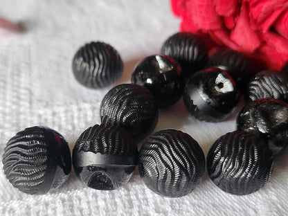 Lot 6 boutons ancien en verre noir boule art deco grelot 1,2 cm costume ref 1663