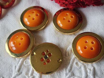 Lot 5 gros boutons vintage orange acrylique doré leger trous 2,8 cm ref 3752