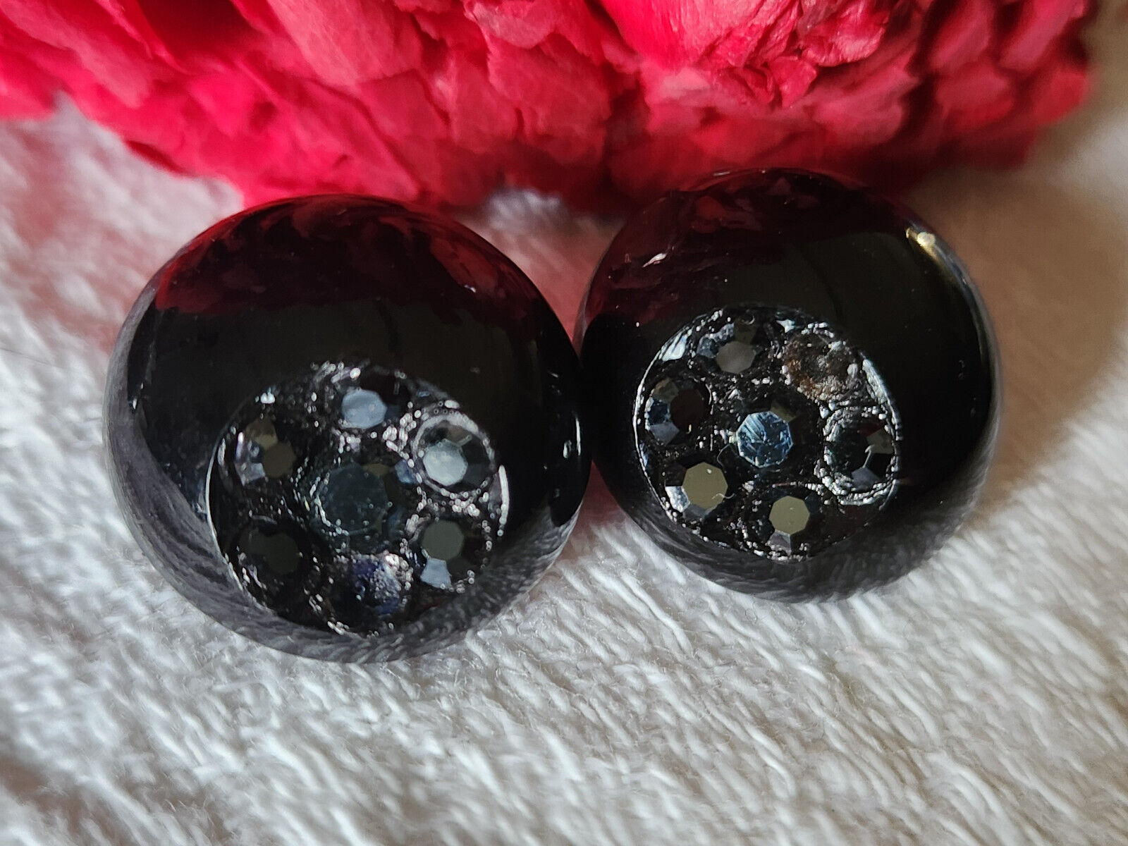 Duo boutons vintage parurier collection resine strass fleur noir 1,8 cm G7F