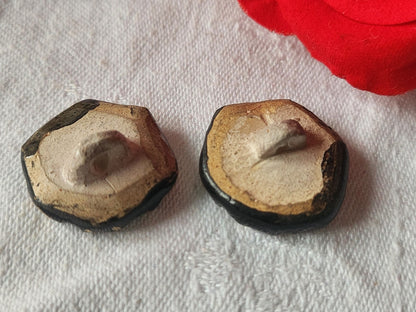 Duo  bouton ancien en céramique vernissé noir 2,2 sur 2,3  cm D5k