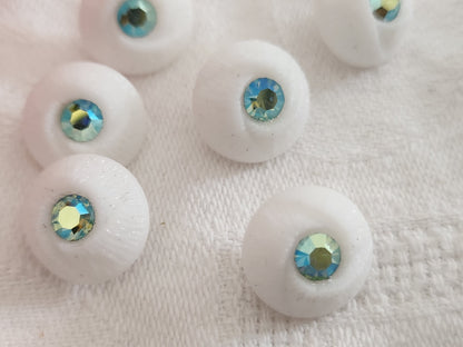 Lot 6 boutons vintage en verre blanc avec strass mordoré vert  1,3 cm ref 6365
