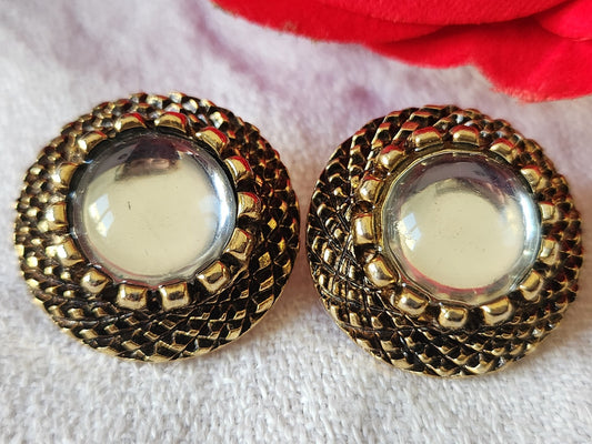 Duo boutons vintage en metal doré coeur transparent lumineux  2,2 cm G19K