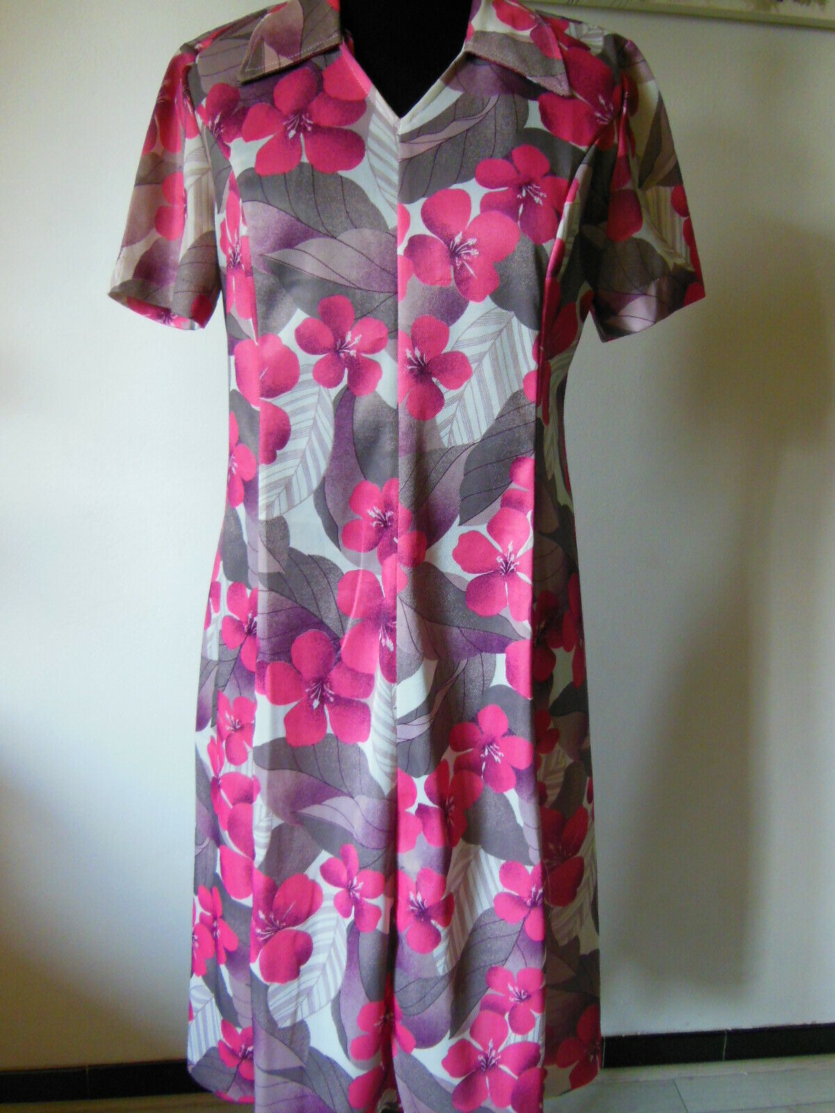 Pur vintage robe ancienne grosse fleur rose grise très légère 40 ?  B5