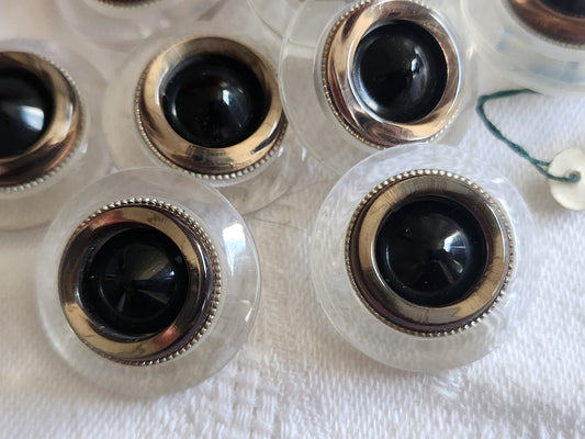 Lot 6 gros  boutons vintage transparent noir argenté pied 2,3 cm ref 1306