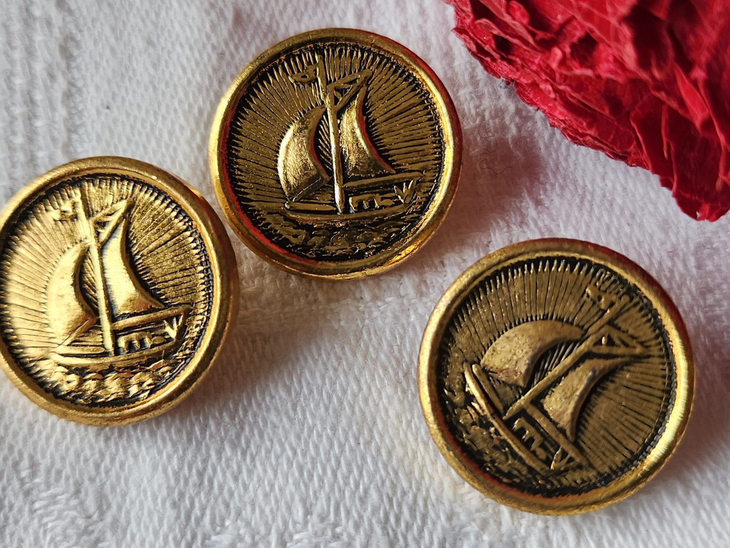 Trio boutons vintage en métal doré theme marin bateau voilier 1,8 cm G13L