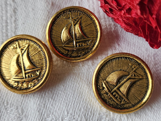 Trio boutons vintage en métal doré theme marin bateau voilier 1,8 cm G13L