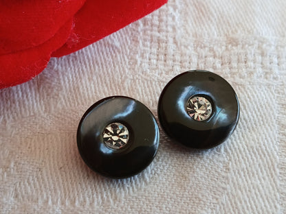 duo petits boutons anciens en nacre avec strass gris 1,4 cm ou 14 mm D14B
