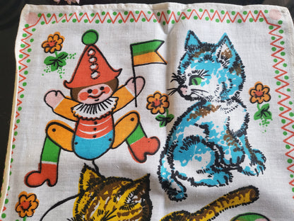 Mouchoir ancien neuf vintage enfant année 60/70 chaton coton B4-3
