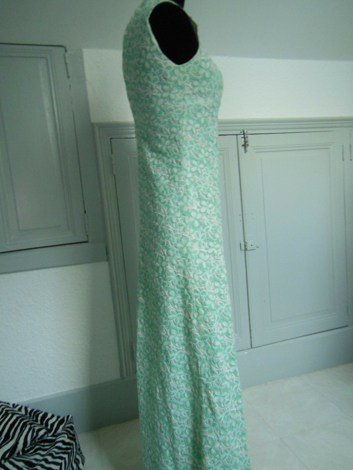 Pur vintage robe longue année 60 style mousseline motif vert T36 Ref PORT