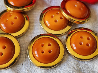 Lot 6 gros boutons vintage acrylique doré orange trous 2,7 cm ref 764