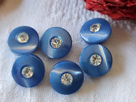 Lot 6 boutons anciens en nacre bleu  avec strass  1,2 cm  ref 5143