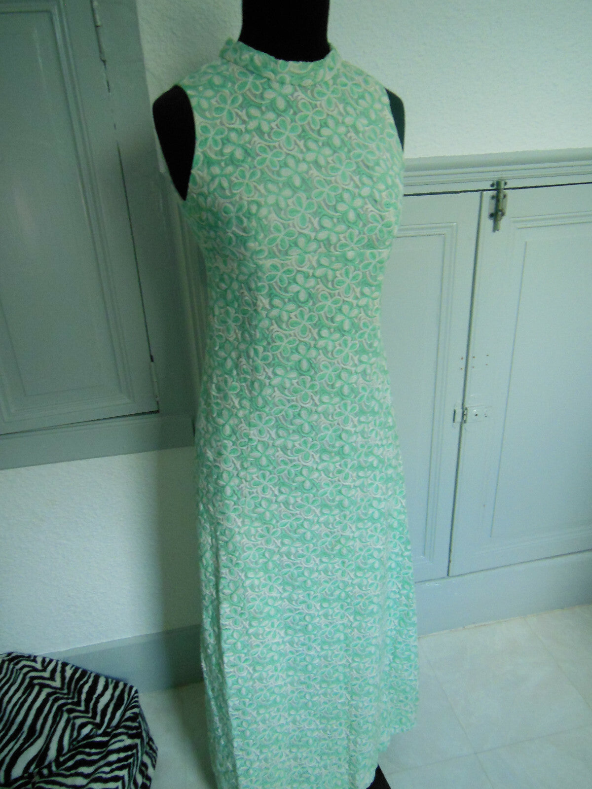 Pur vintage robe longue année 60 style mousseline motif vert T36 Ref PORT