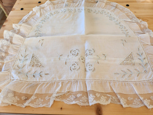 Superbe et délicate taie d'oreiller ancienne neuve broderie dentelle B8
