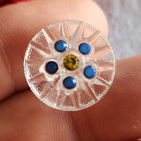 Bouton ancien en verre avec strass jaune bleu à pied bijoux   1,7 cm G10C