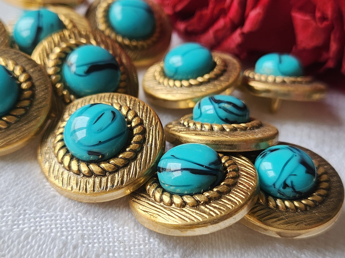 Lot 5 boutons vintage en métal doré imitation turquoise bleu 2,1 cm ref 3759